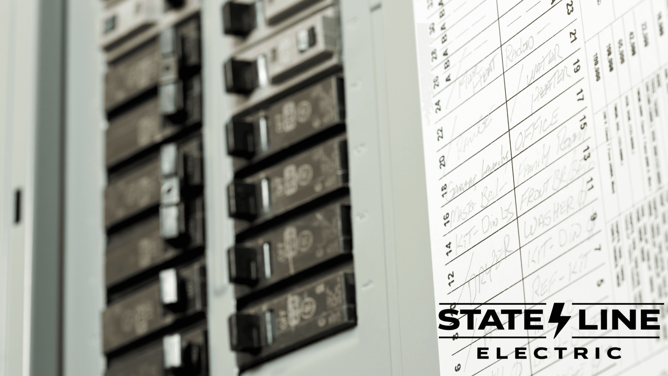 Open residential circuit breaker panel with a handwritten circuit directory listing rooms and appliances