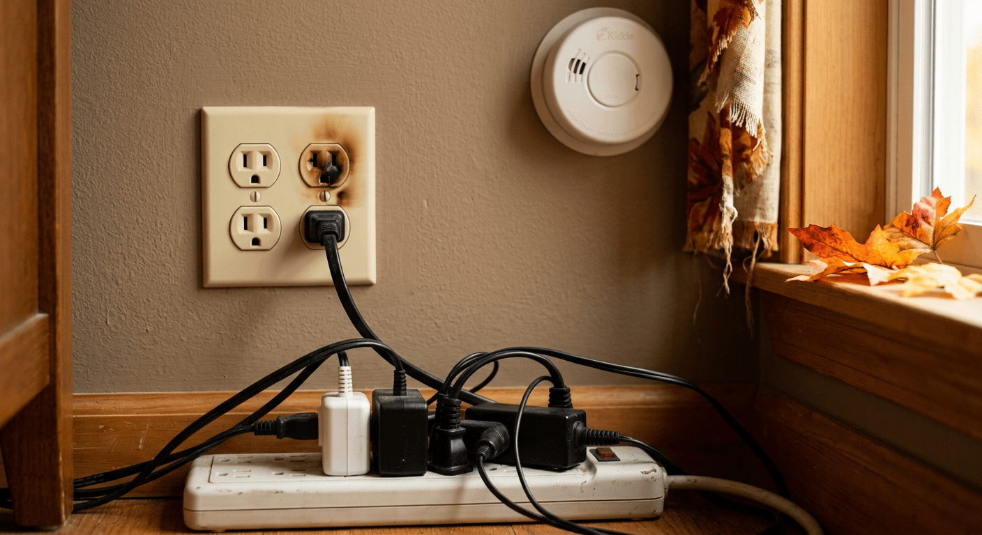 Scorched residential wall outlet beside an overloaded power strip in a home lit by warm autumn light