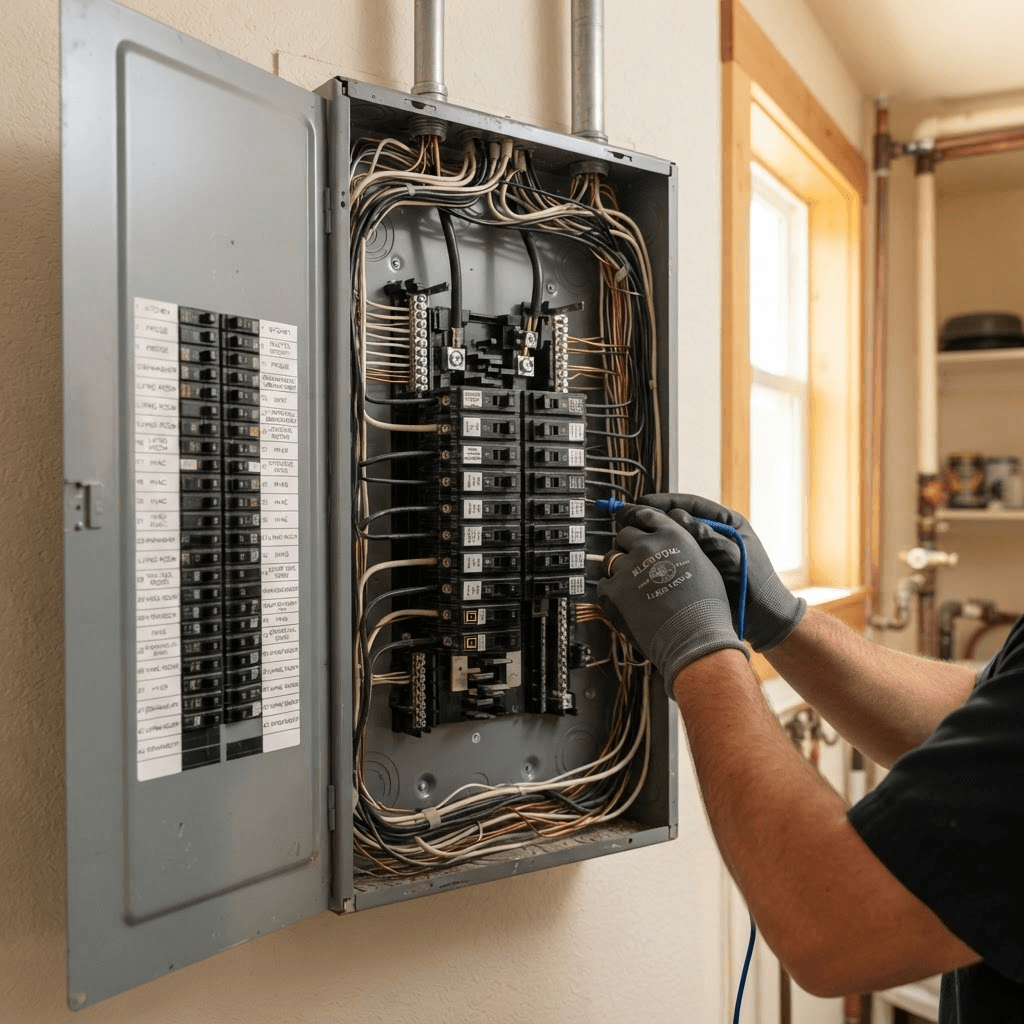 Licensed electrician inspecting an open modern residential electrical panel with labeled circuit breakers