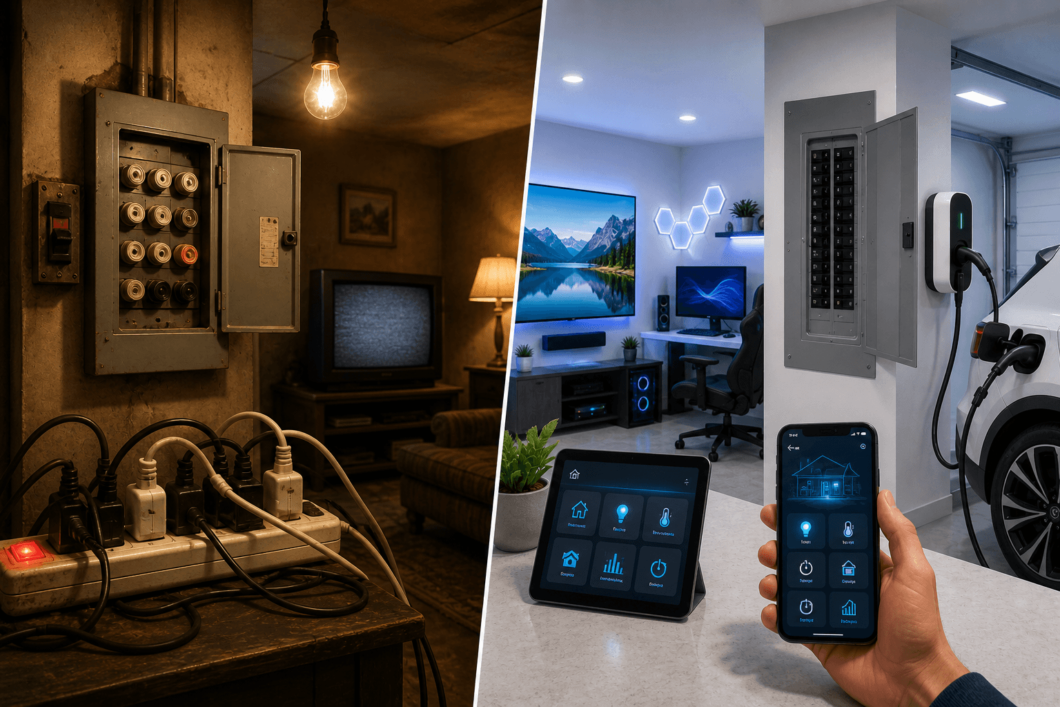 Split comparison of an outdated fuse box and overloaded power strip versus a modern circuit breaker panel and smart home setup