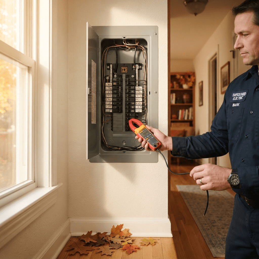 Electrician checking a modern residential electrical panel in a home lit by warm autumn light with fallen leaves nearby