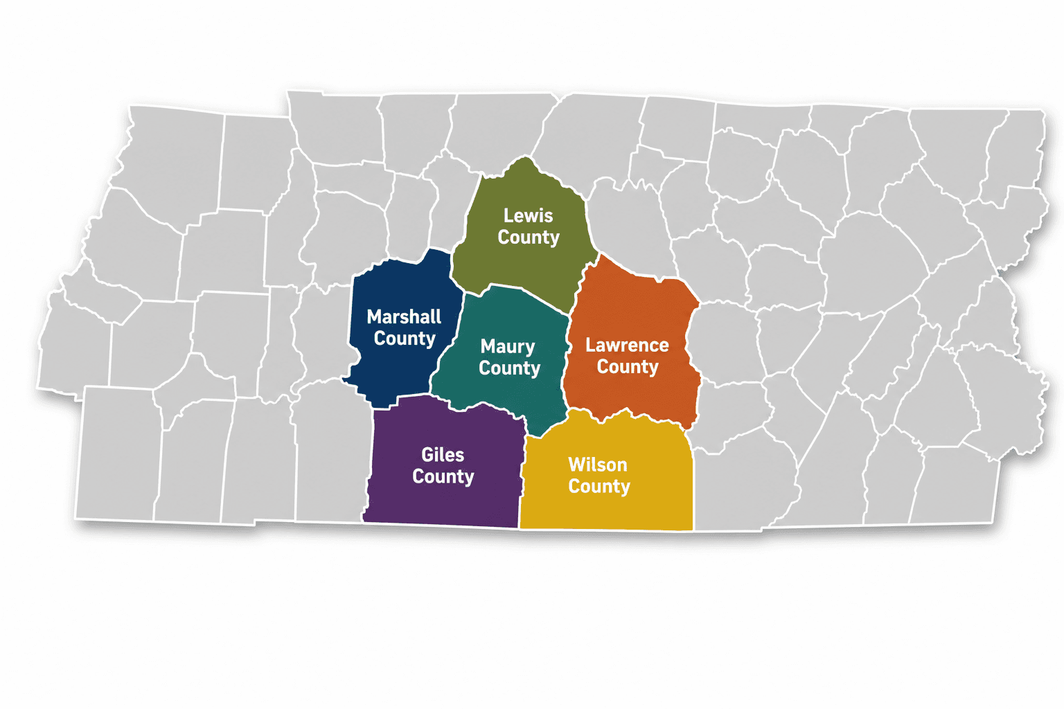 State Line Electric service area map showing Maury, Lewis, Marshall, Lawrence, Wilson, and Giles counties in Southern Middle Tennessee